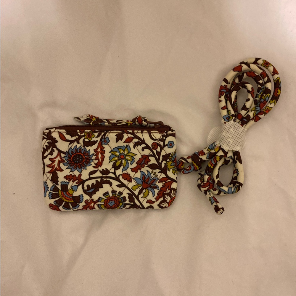 Vera Bradley Floral Zip Coin Purse with Strap - Brown, White & Blue Accents